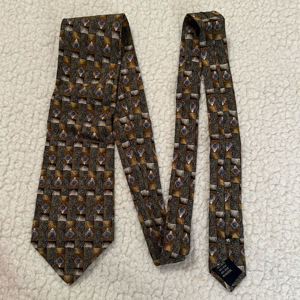 Bravini men’s black gold diamond design silk tie / box 10-62